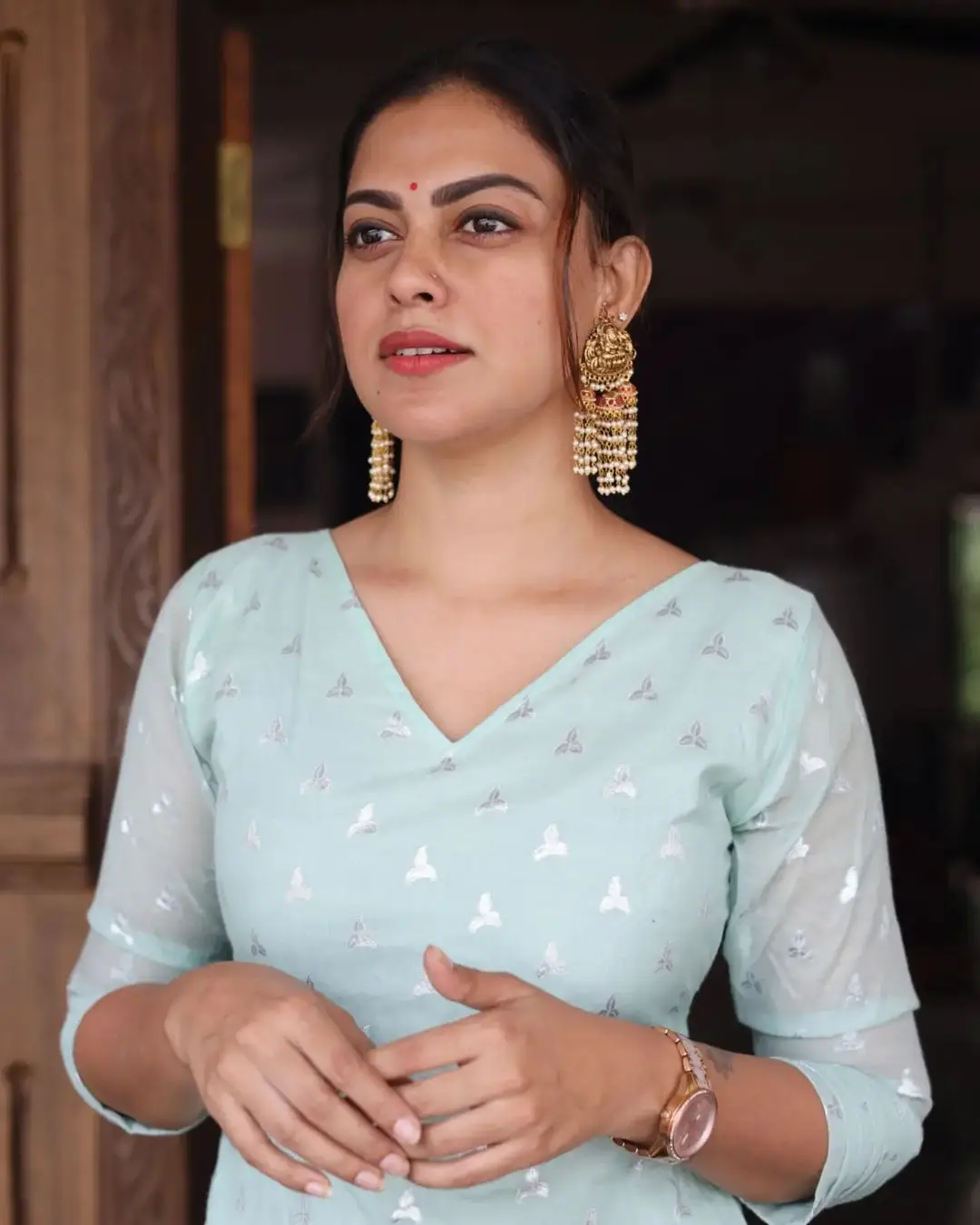 Anusree Nair Wearing Beautiful Earrings Jewellery Blue Gown